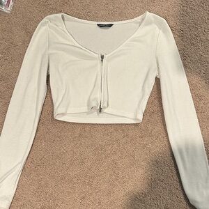 Women's White Long Sleeve Zip-Up Top